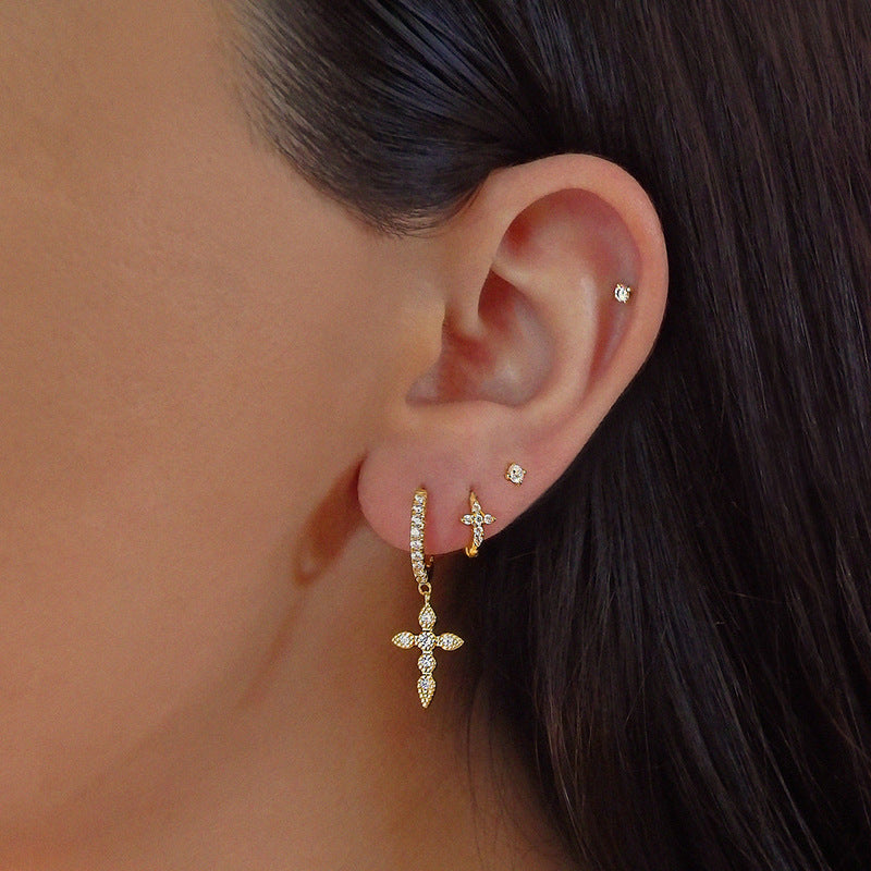 “Crosslight Vintage” S925 Sterling Silver Cross Drop Earrings with Sparkling Accents