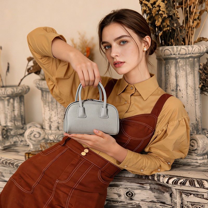 Women's Pebbled Cowhide Mini Boston Bag with Adjustable Strap