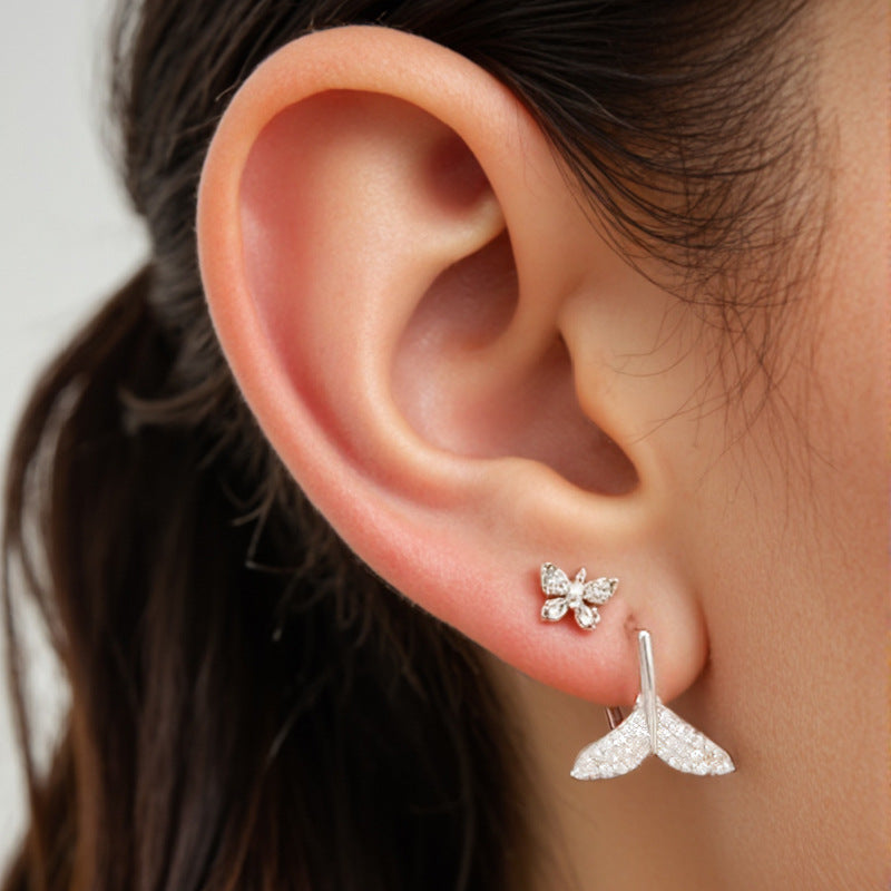 “Mermaid Gleam” S925 Sterling Silver Fish Tail Hoop Earrings with Sparkling Accents