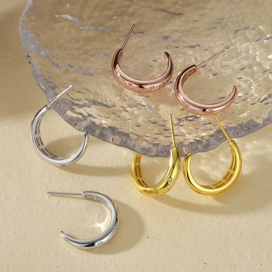 “Ciel Etoile” S925 Sterling Silver Pavé C-Hoop Earrings