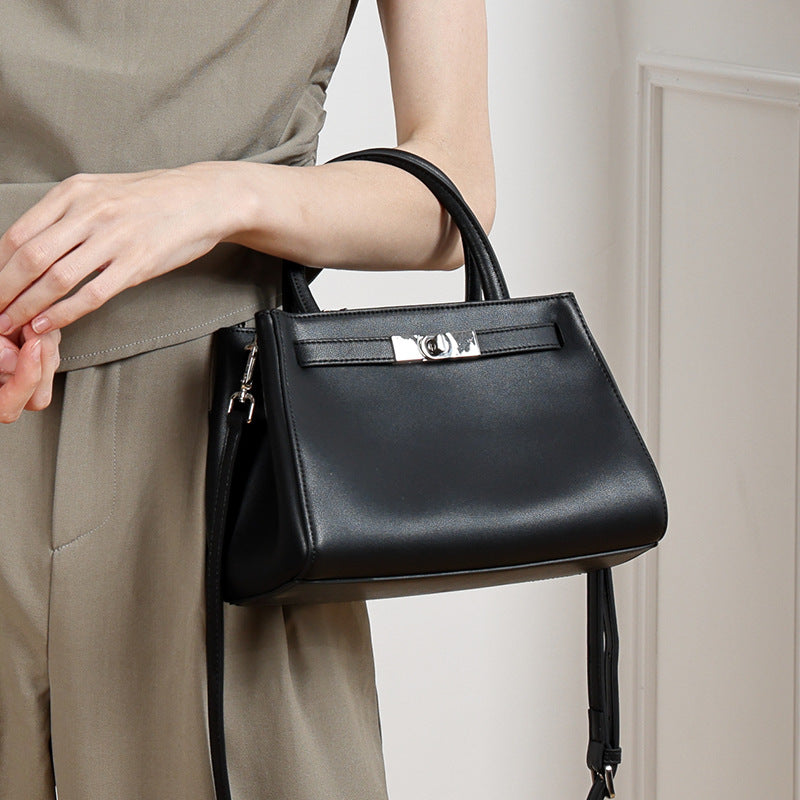 Women's Nappa Cowhide Turn-Lock Satchel with Detachable Strap