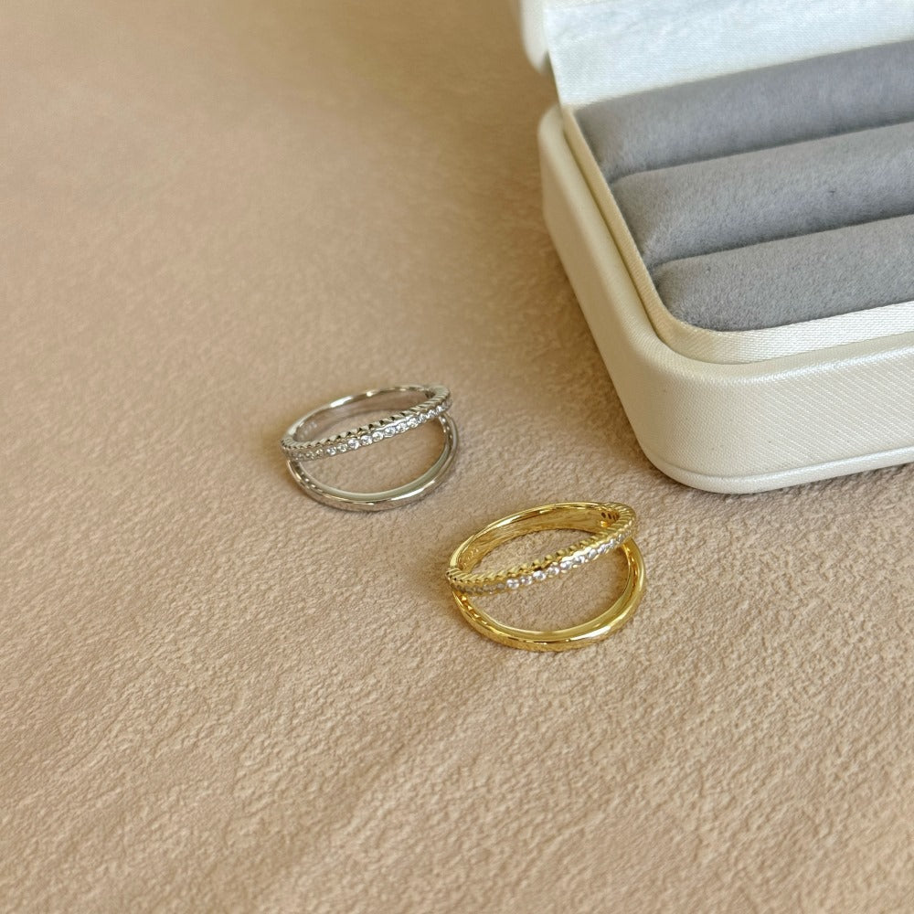 Lumière Line Sculptural Stackable Ring Collection with Zircon Accents, S925 Sterling Silver