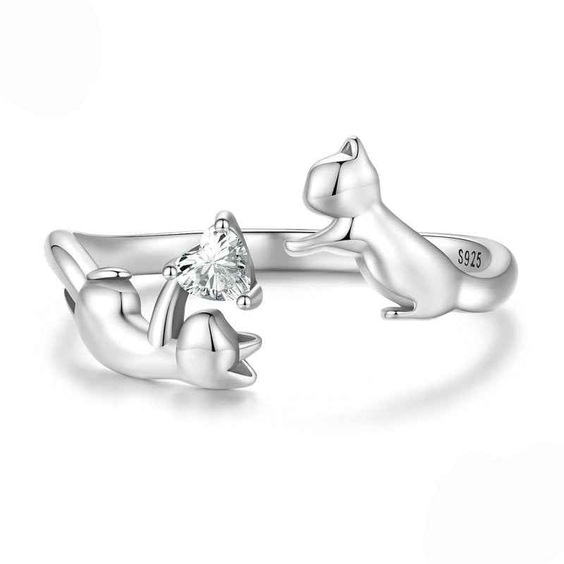 Kitty’s Treasure S925 Silver Heart Zircon Cat Adjustable Ring