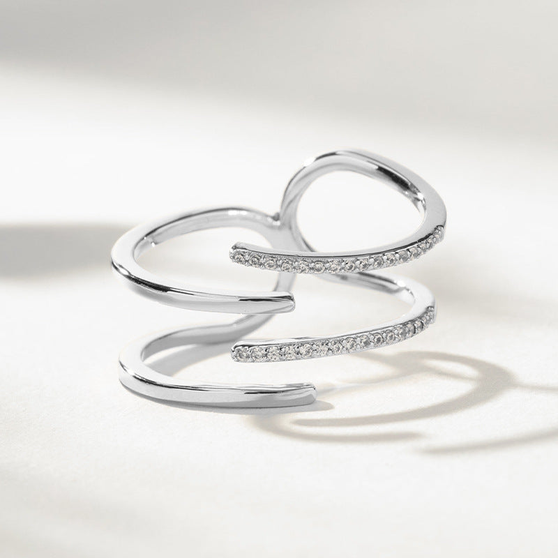 “Offset Spark” S925 Sterling Silver Open Adjustable Double-Band Zircon Ring