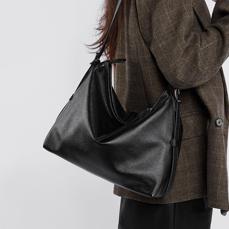 Women's Genuine Leather Retro Shoulder Tote Bag with Lock Detail