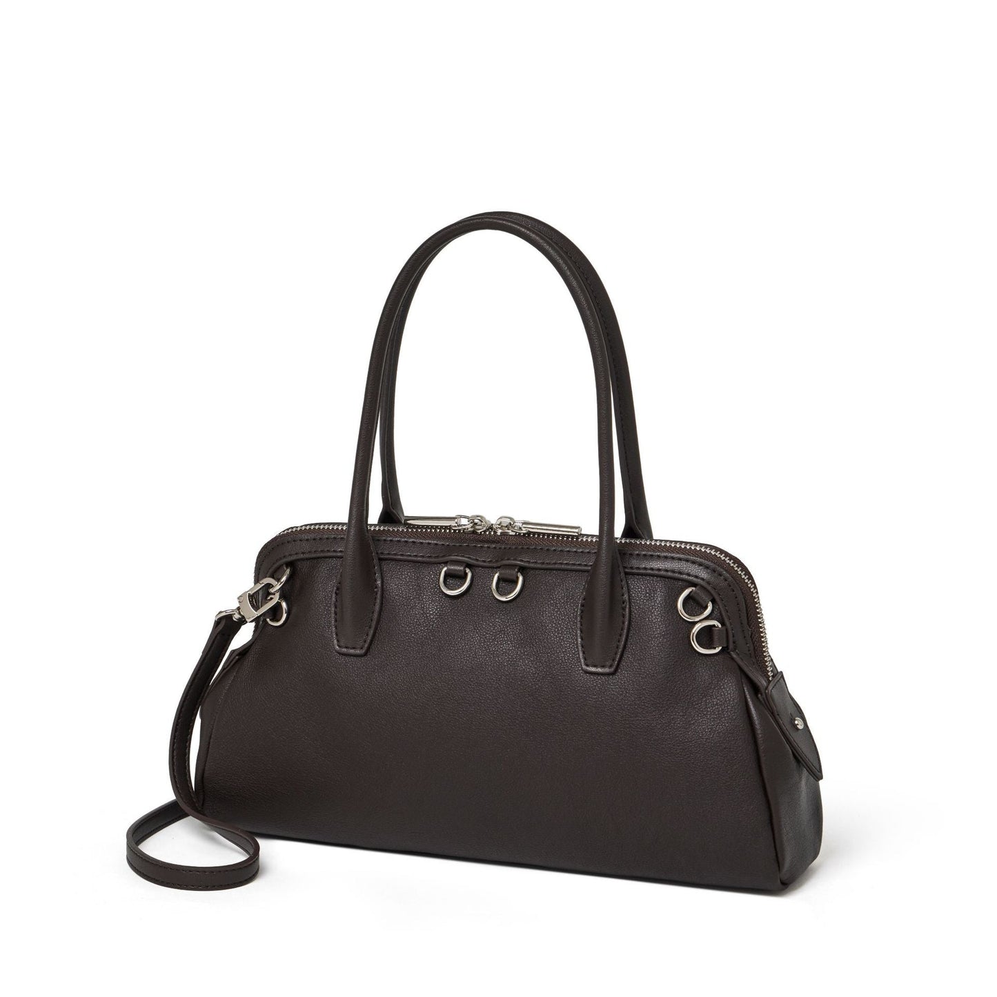 Women's Plain Cowhide Seashell Boston Bag with Double Zipper