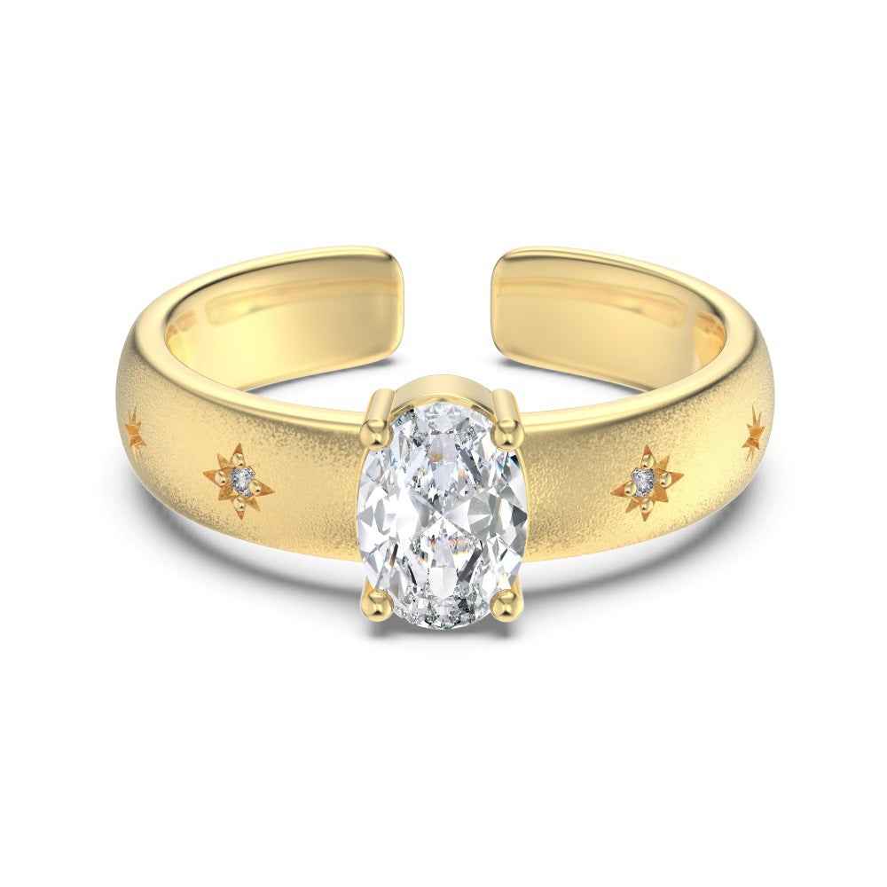 925 Sterling Silver Starlit Gleam Oval-Cut Open Ring with Star Motifs