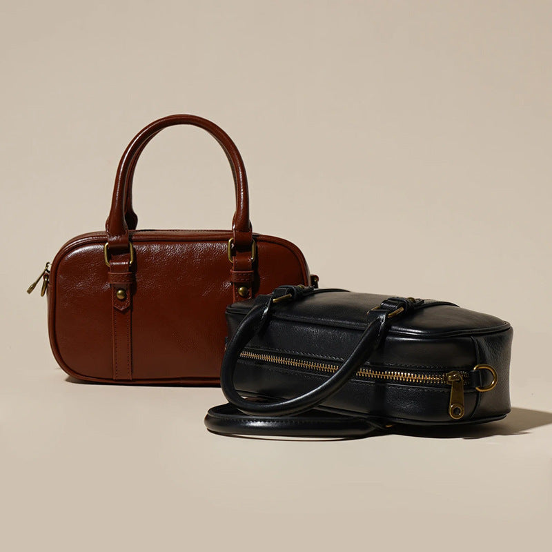 Women's Oil-Waxed Cowhide Mini Boston Bag with Top Handle