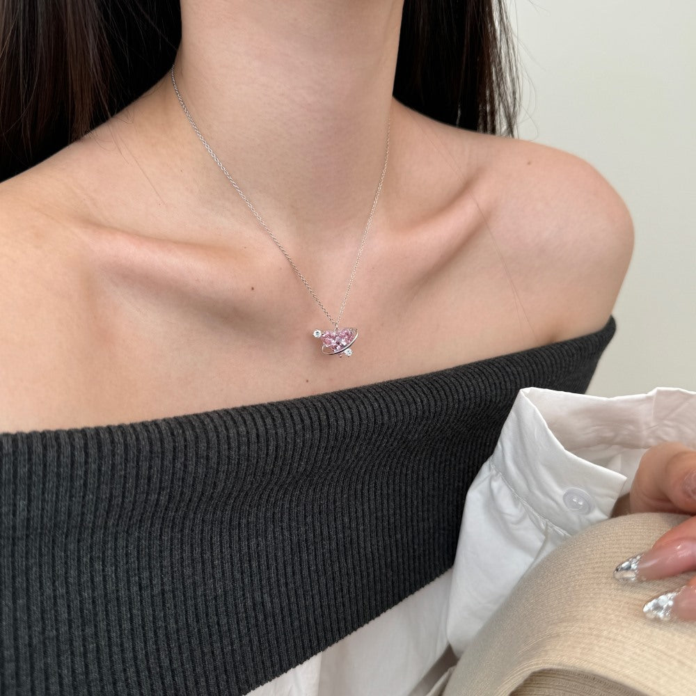 S925 Sterling Silver Orbit of Love Necklace Pink Heart CZ Planet Satellite Design