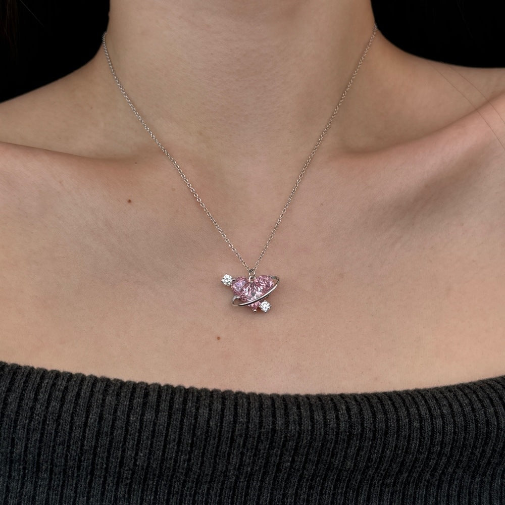 S925 Sterling Silver Orbit of Love Necklace Pink Heart CZ Planet Satellite Design