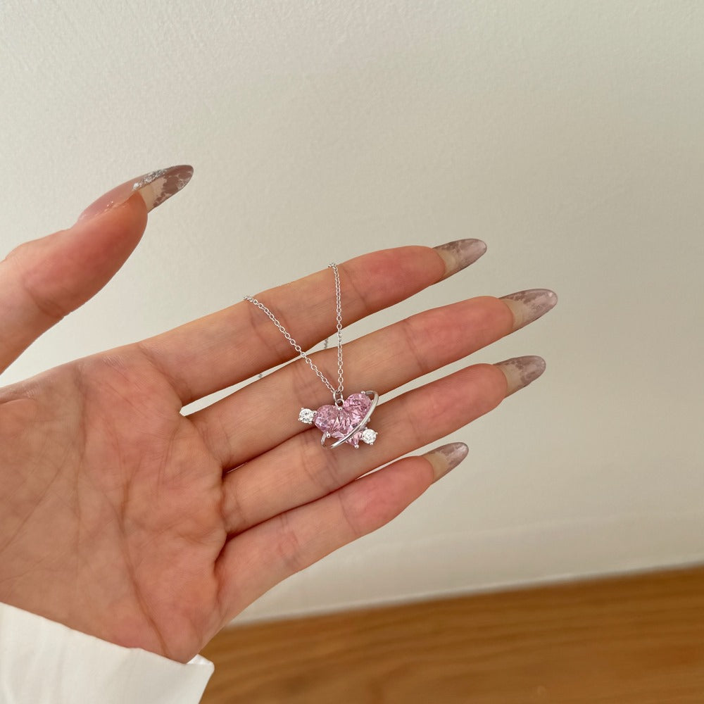 S925 Sterling Silver Orbit of Love Necklace Pink Heart CZ Planet Satellite Design