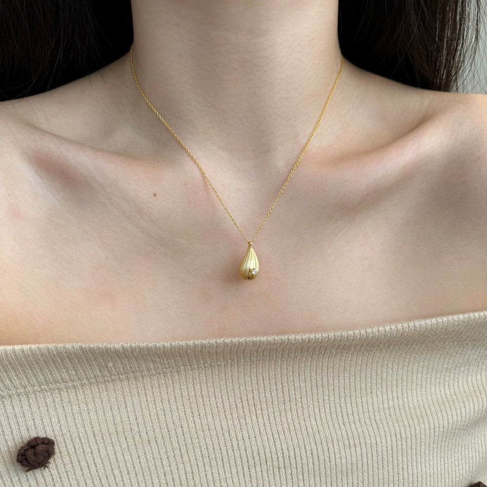 S925 Sterling Silver Pure Drop Necklace Teardrop Brushed CZ Pendant Silver Gold