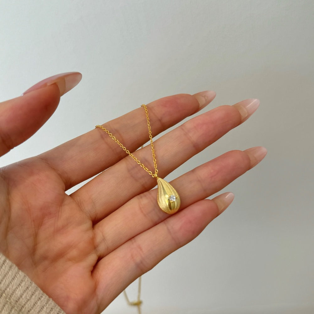 S925 Sterling Silver Pure Drop Necklace Teardrop Brushed CZ Pendant Silver Gold