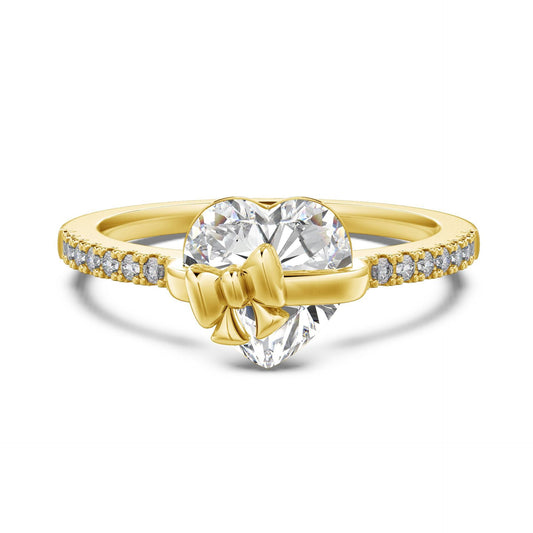 S925 Sterling Silver Ribbon Serenade Heart Bow Ring Heart CZ Gold Plated Ring