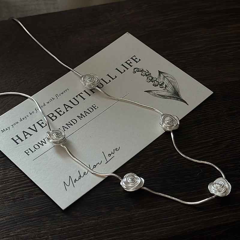 S925 Sterling Silver Rose Whispers Necklace Five Rose Floral Chain Adjustable