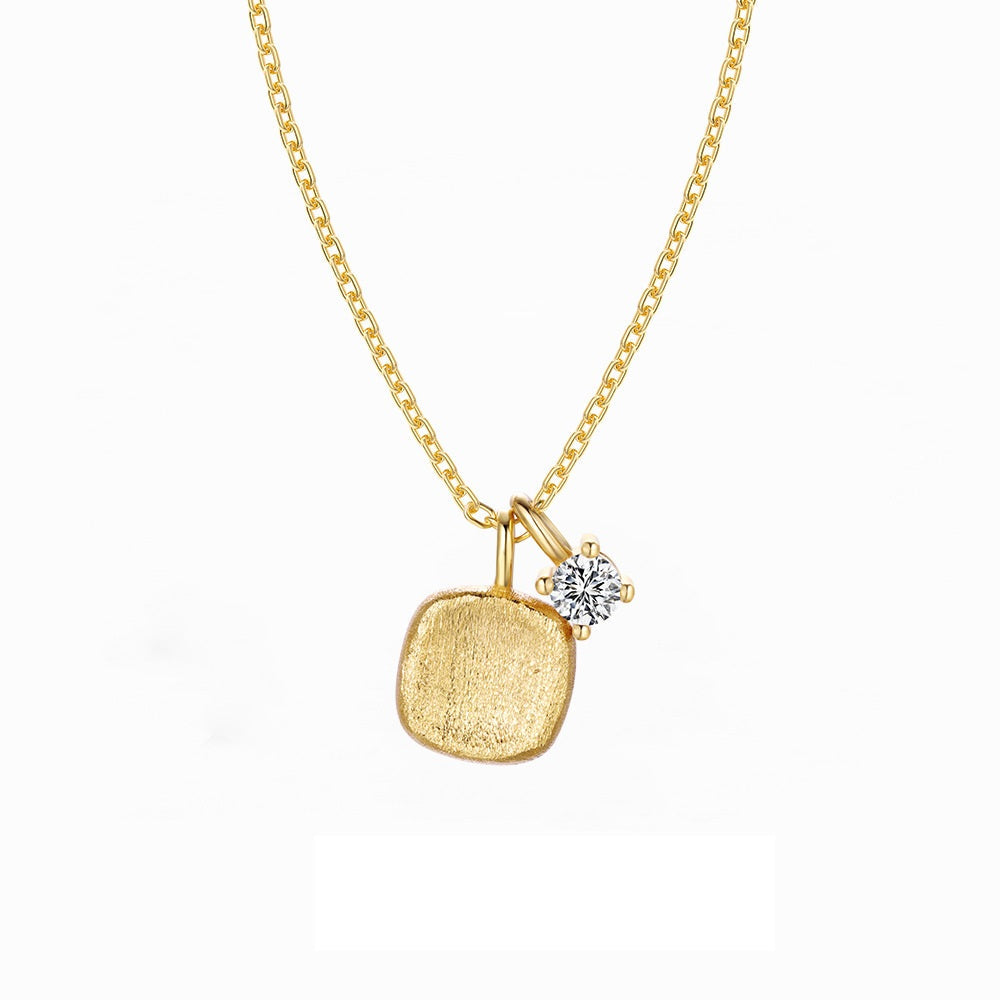 S925 Sterling Silver Sugar Cube Brushed Square Pendant Necklace with CZ Accent