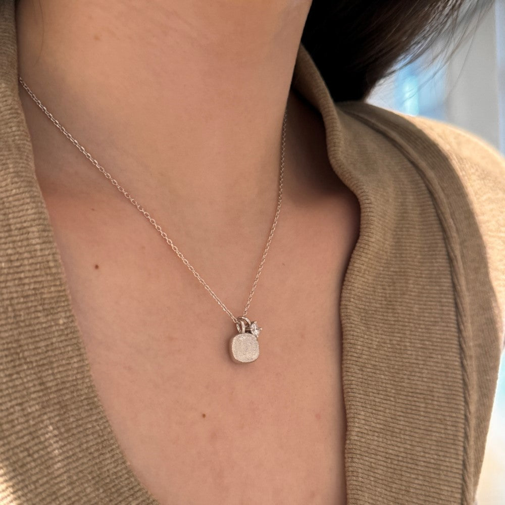 S925 Sterling Silver Sugar Cube Brushed Square Pendant Necklace with CZ Accent