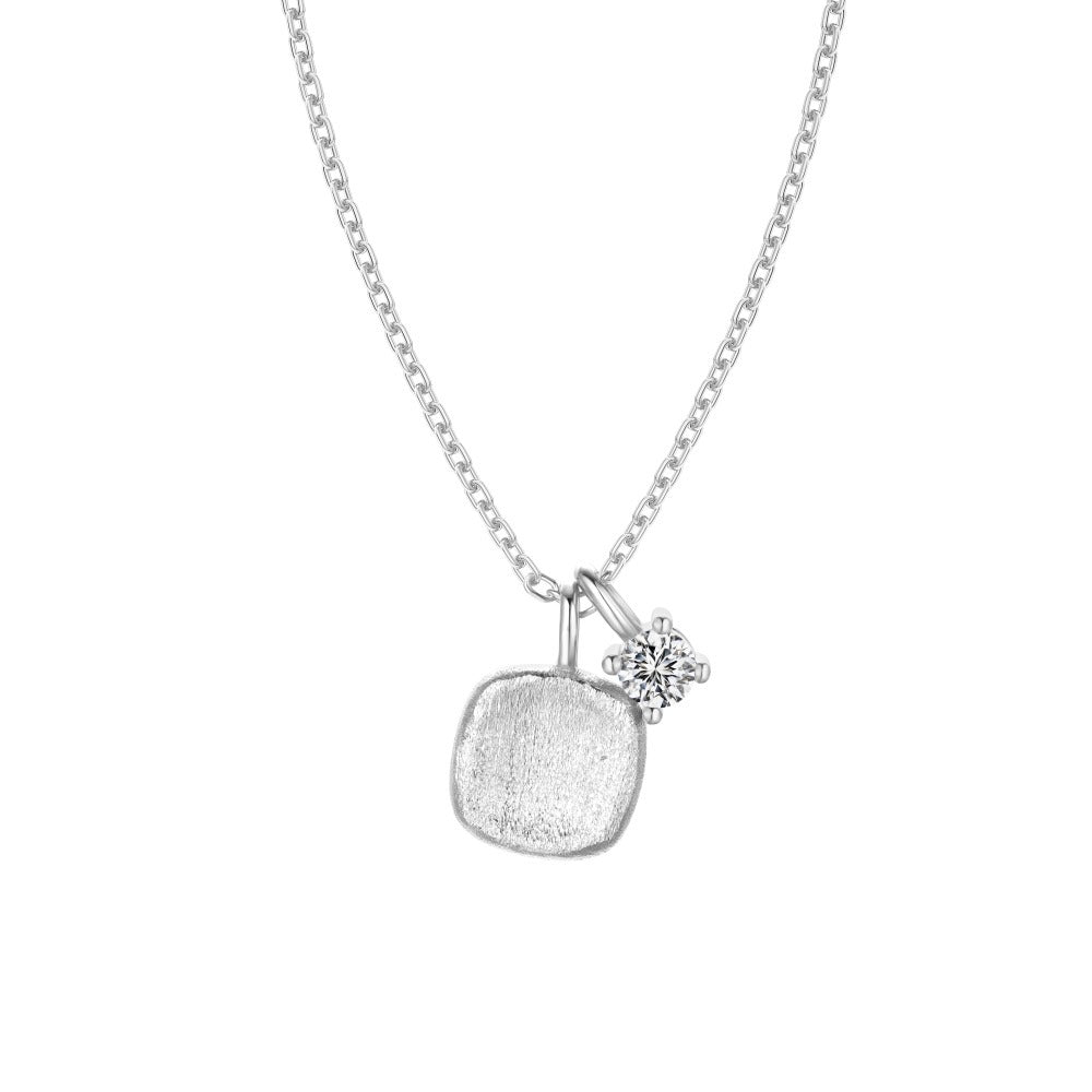 S925 Sterling Silver Sugar Cube Brushed Square Pendant Necklace with CZ Accent