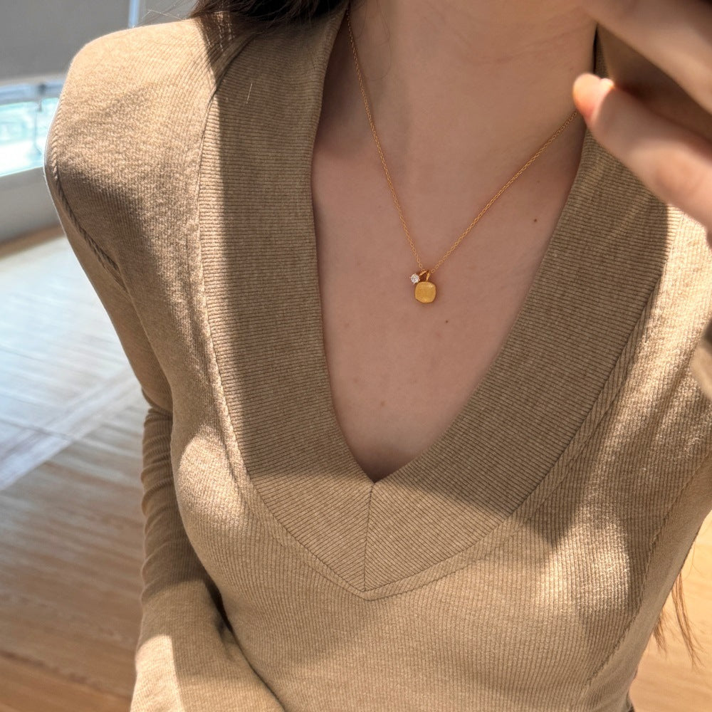S925 Sterling Silver Sugar Cube Brushed Square Pendant Necklace with CZ Accent