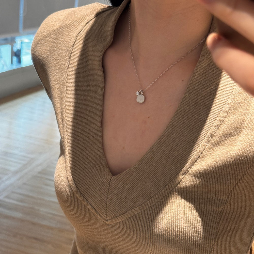 S925 Sterling Silver Sugar Cube Brushed Square Pendant Necklace with CZ Accent