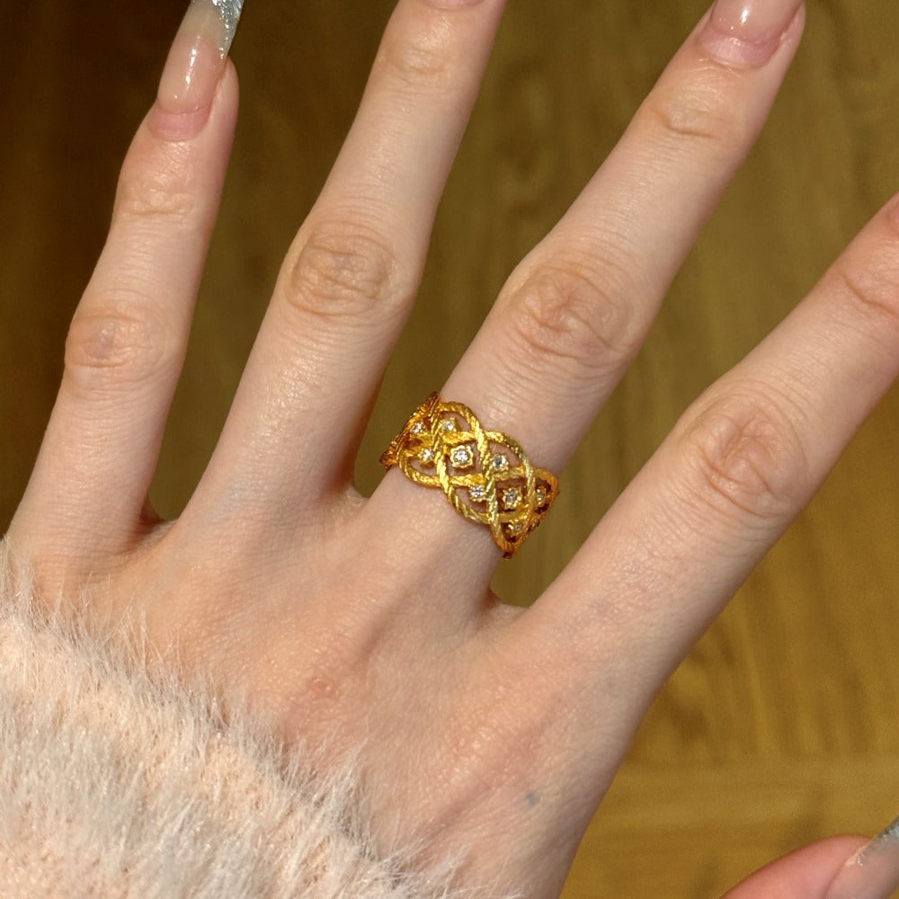 S925 Sterling Silver Gold Plated Cross Hollow CZ Ring Adjustable