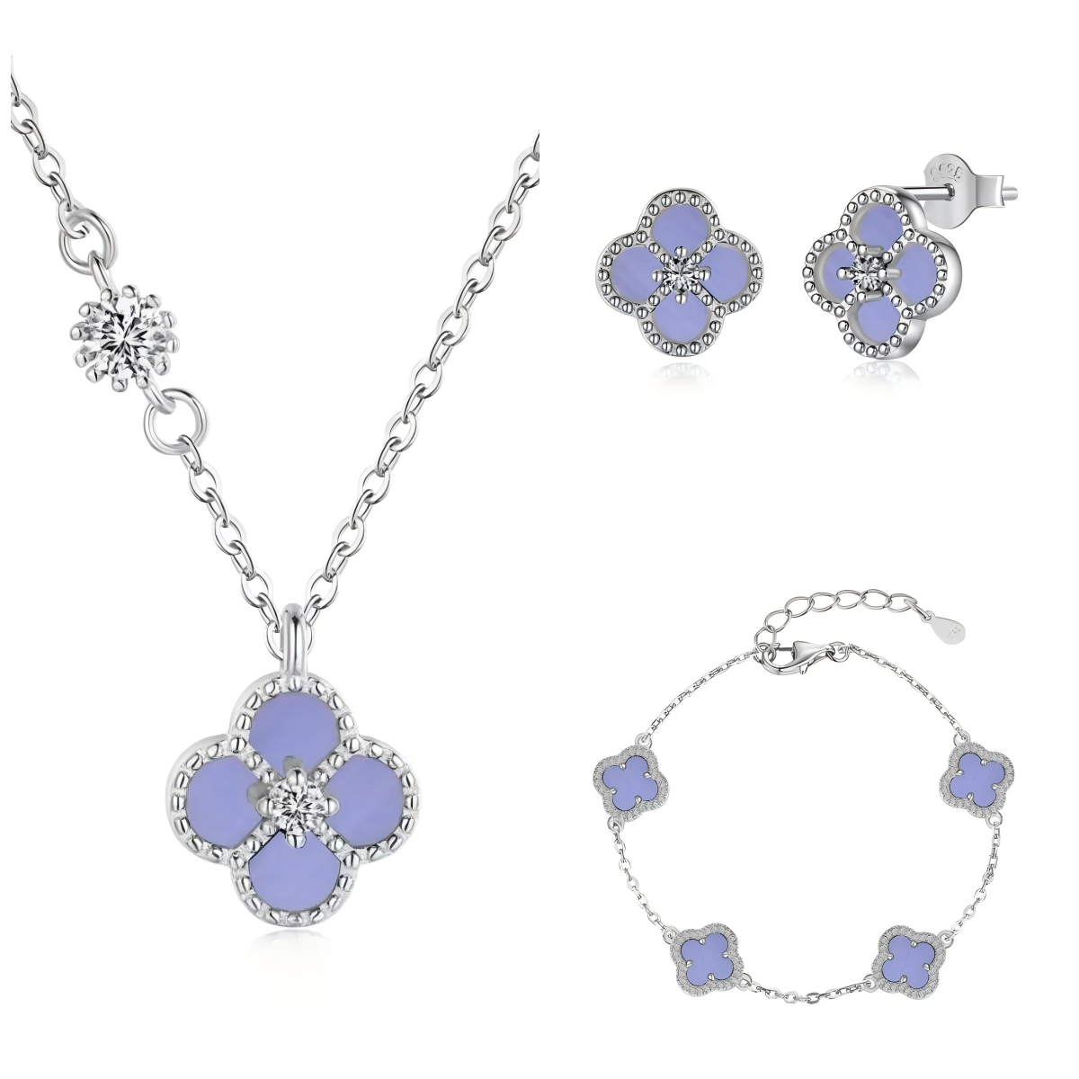 925 Sterling Silver Violet Clover Jewelry Set Necklace Earrings Bracelet