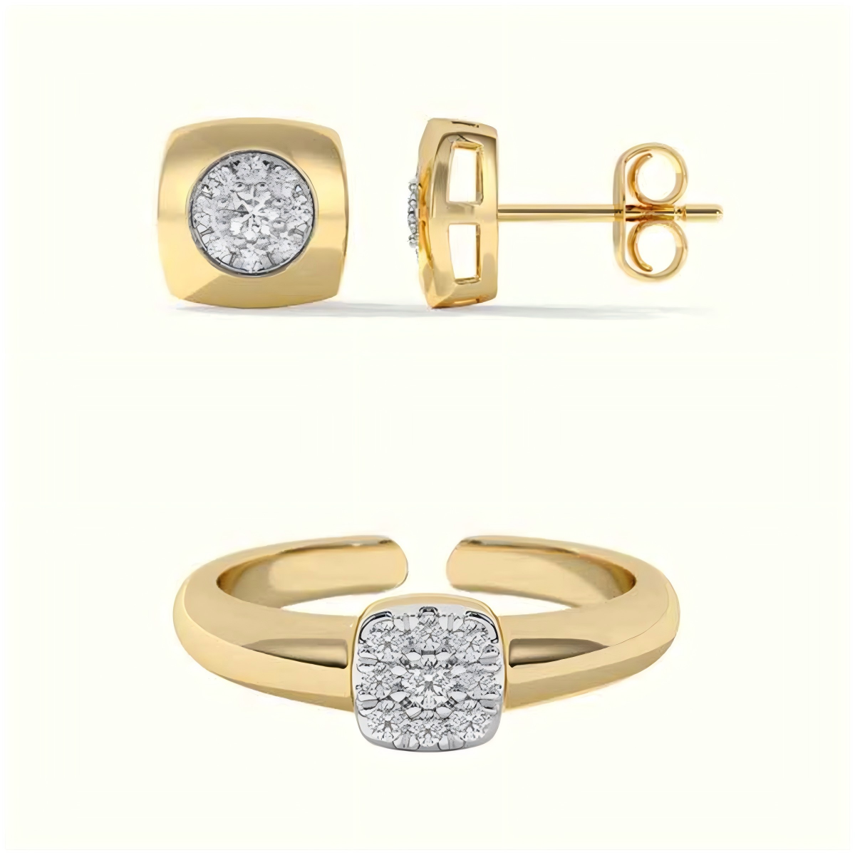 Modern Frame Geometric Square Jewelry Set 925 Sterling Silver Stud Earrings & Adjustable Ring