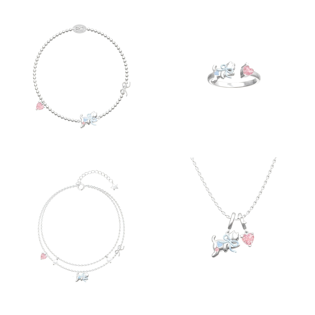Dreamcatcher Kitty Cat Bow Heart Jewelry Set 925 Sterling Silver
