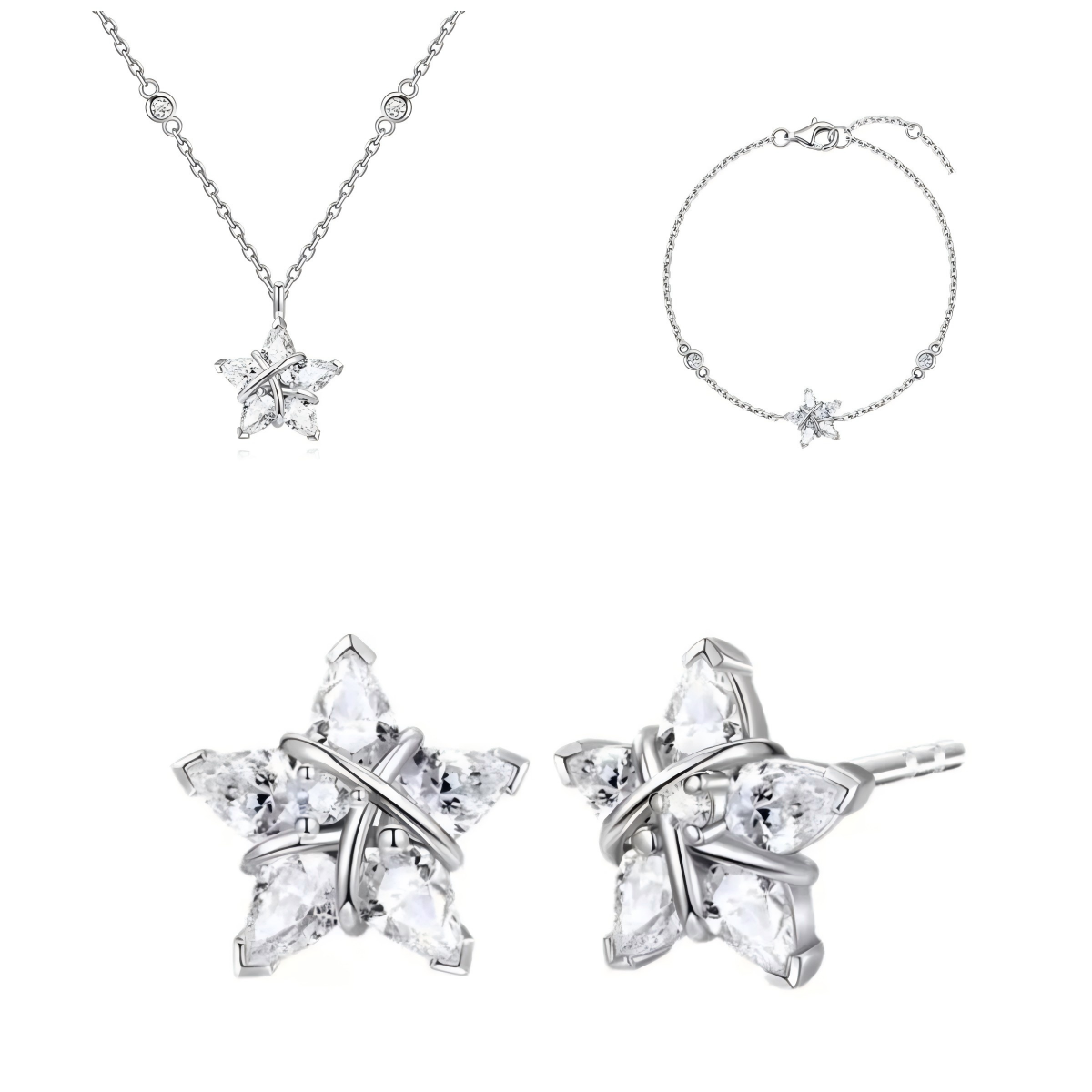 925 Sterling Silver Wishing Star Jewelry Set Necklace Earrings Bracelet