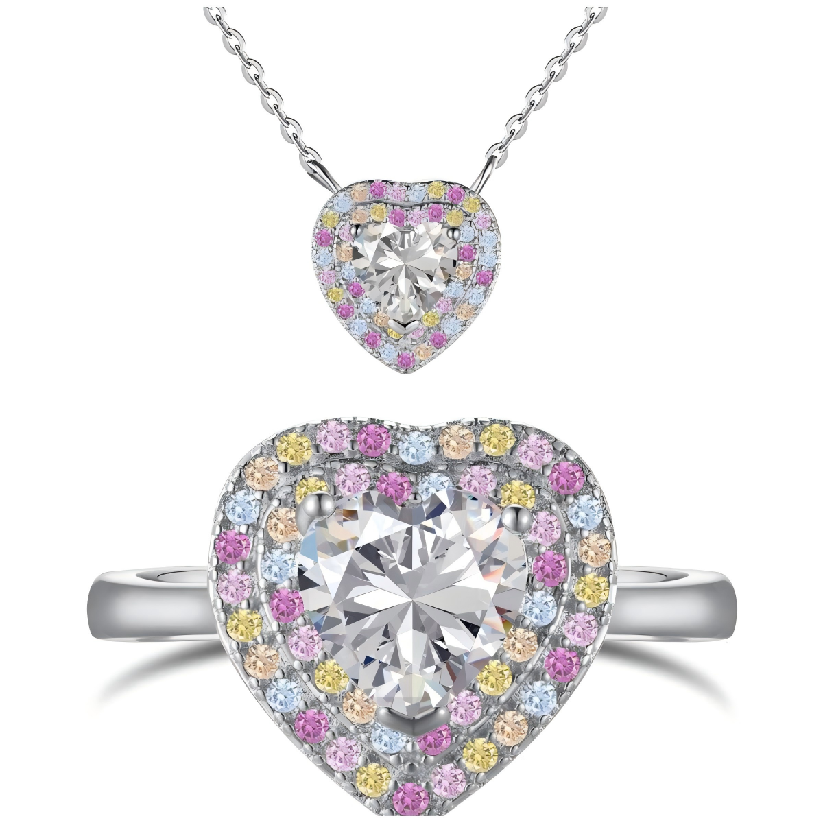 Candy Heart Éclat Heart Jewelry Set with Zircon Necklace and Ring in S925 Sterling Silver