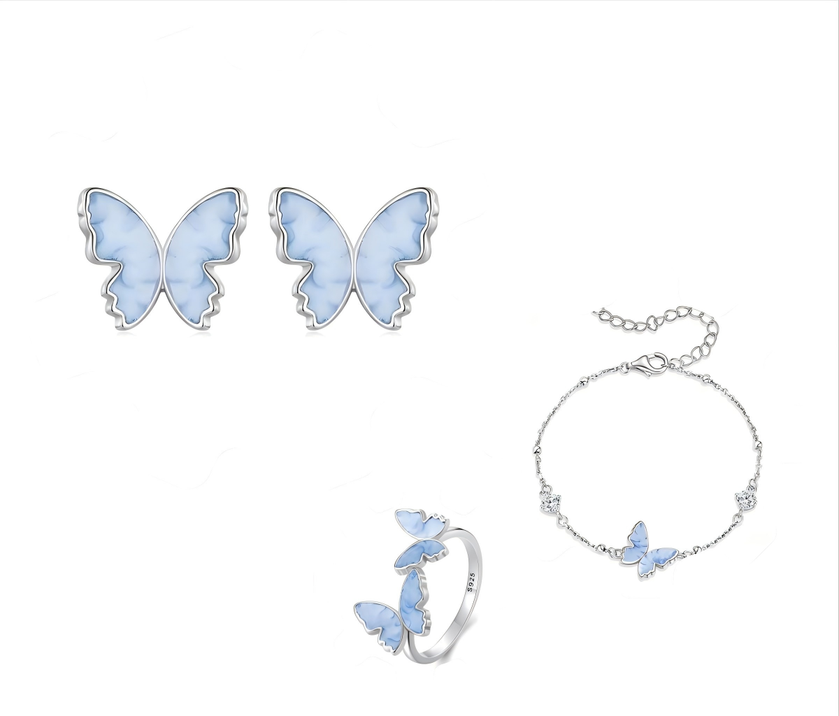 925 Sterling Silver Blue Enamel Butterfly Jewelry Set Earrings Ring Bracelet