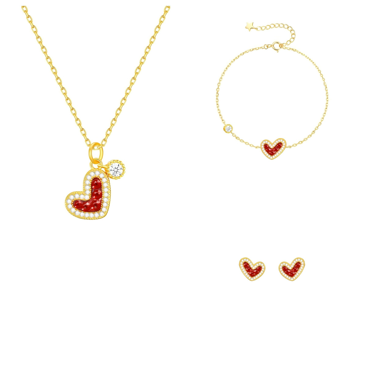 Berry Palmier S925 Silver Ruby Heart Jewelry Set Necklace Bracelet Earrings