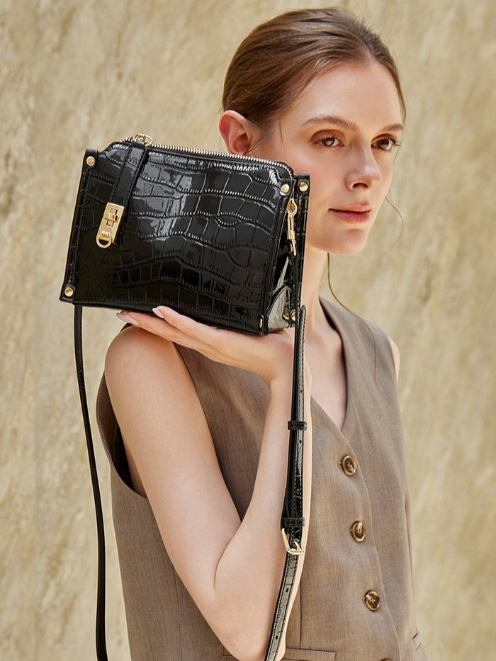 Women's Glossy Croc-Embossed Cowhide Structured Satchel