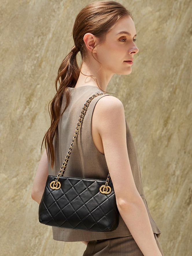 Women's Quilted Sheepskin Chain Mini Tote Bag