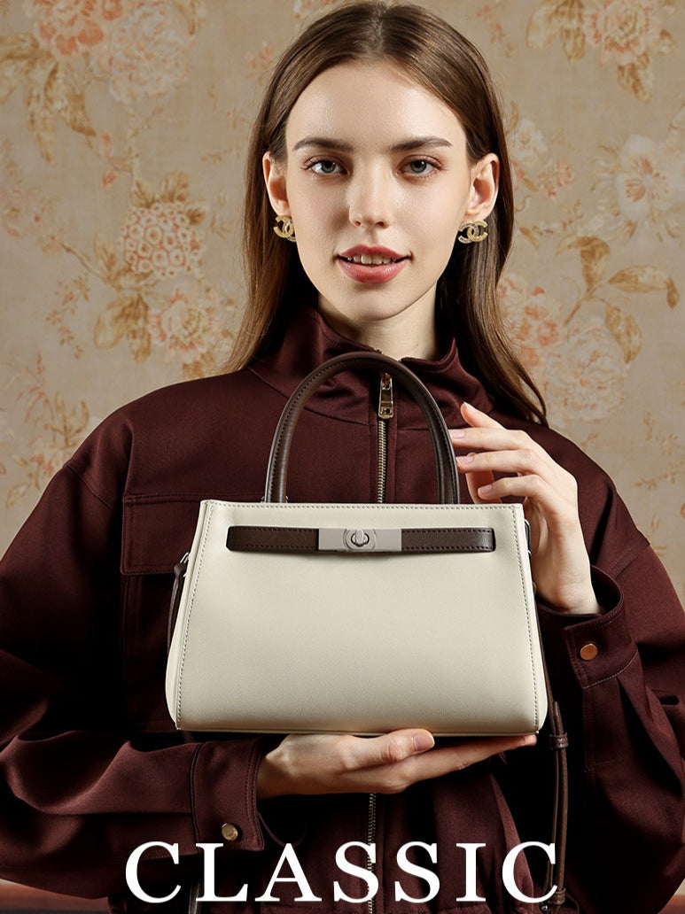 Women's Nappa Cowhide Turn-Lock Satchel with Detachable Strap