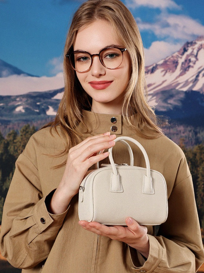 Women's Pebbled Cowhide Mini Boston Bag with Adjustable Strap