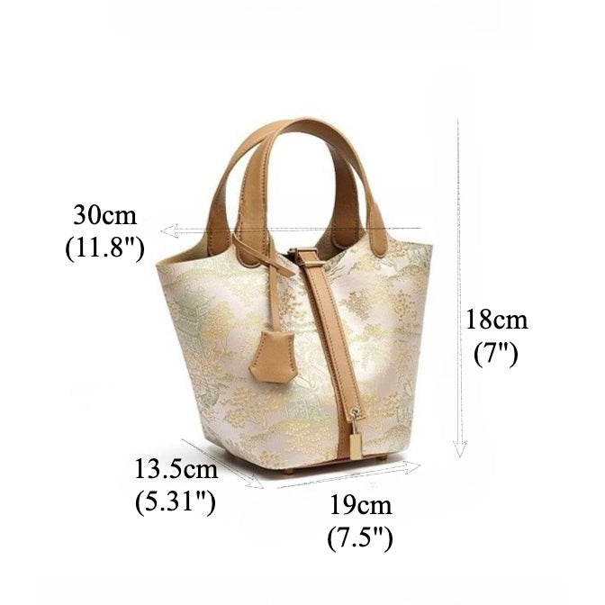 Women's Oriental Garden Genuine Leather Bucket Bag with Charm