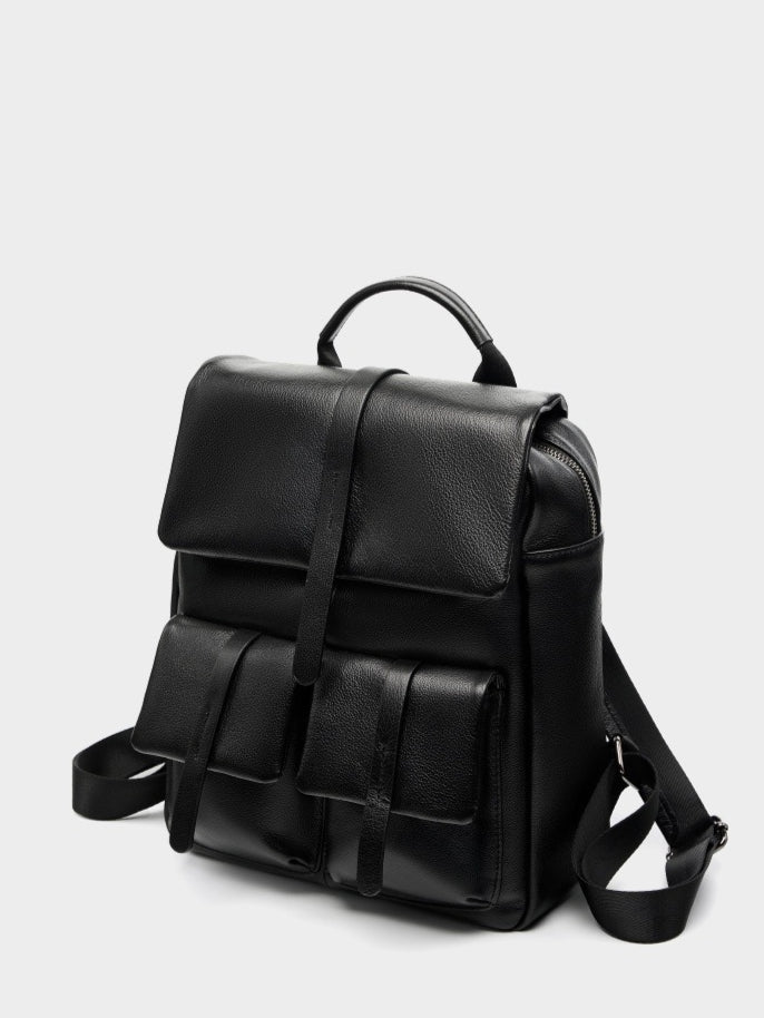 Women's Pebbled Cowhide Flap Backpack with Multiple Pockets