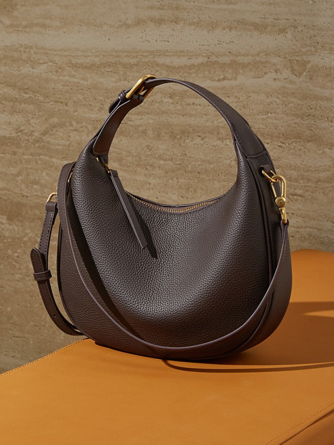 Women's Pebbled Cowhide Crescent Hobo Bag with Convertible Strap