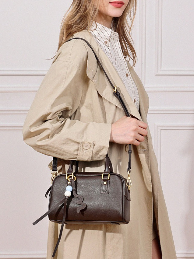 Women's Genuine Leather Boston Bag with Wavy Charm