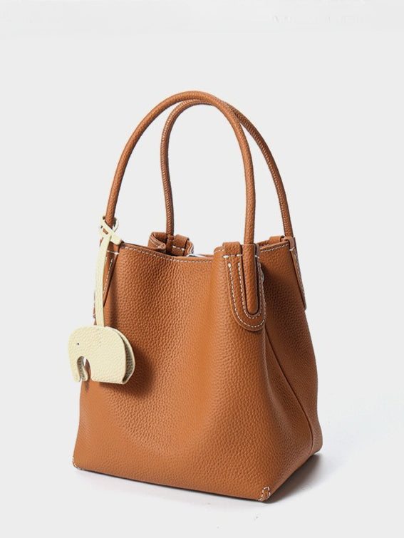 Women's Pebbled Cowhide Elephant Charm Mini Bucket Bag