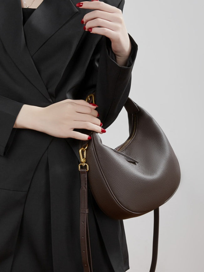 Women's Pebbled Cowhide Half-Moon Hobo Bag with Adjustable Strap