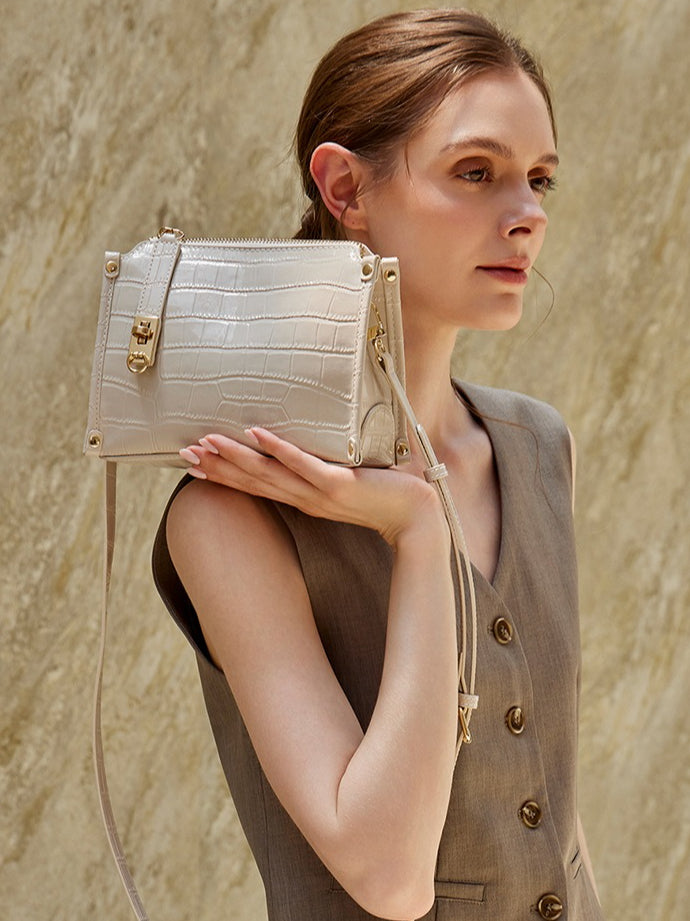 Women's Glossy Croc-Embossed Cowhide Structured Satchel
