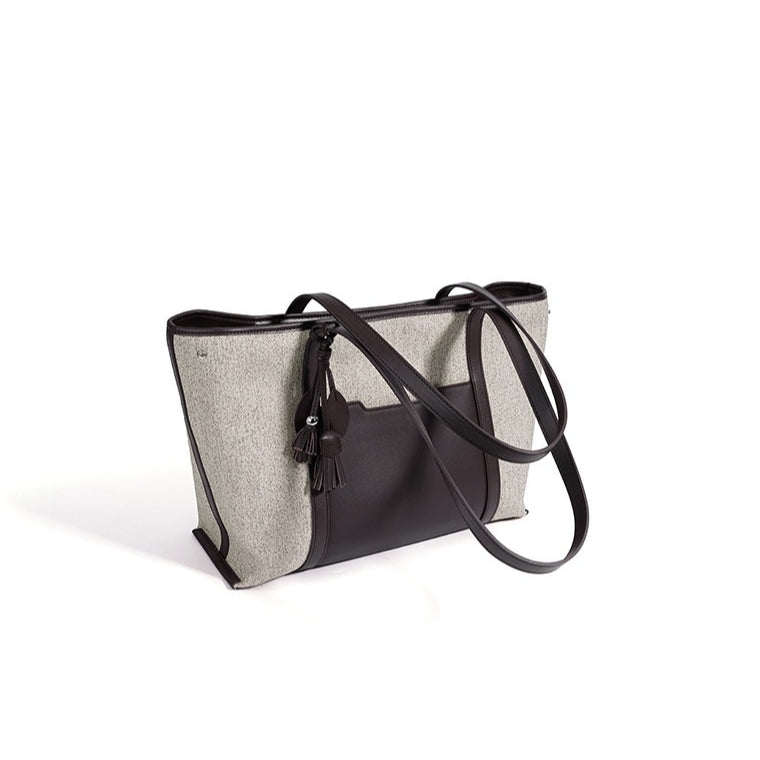 Women's Canvas Tote Bag with Genuine Leather Panels and Tassel Charm
