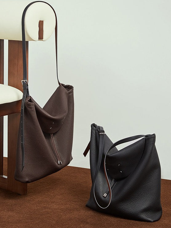 Women's Genuine Leather Slouch Tote Bag with Adjustable Strap & Detachable Pouch