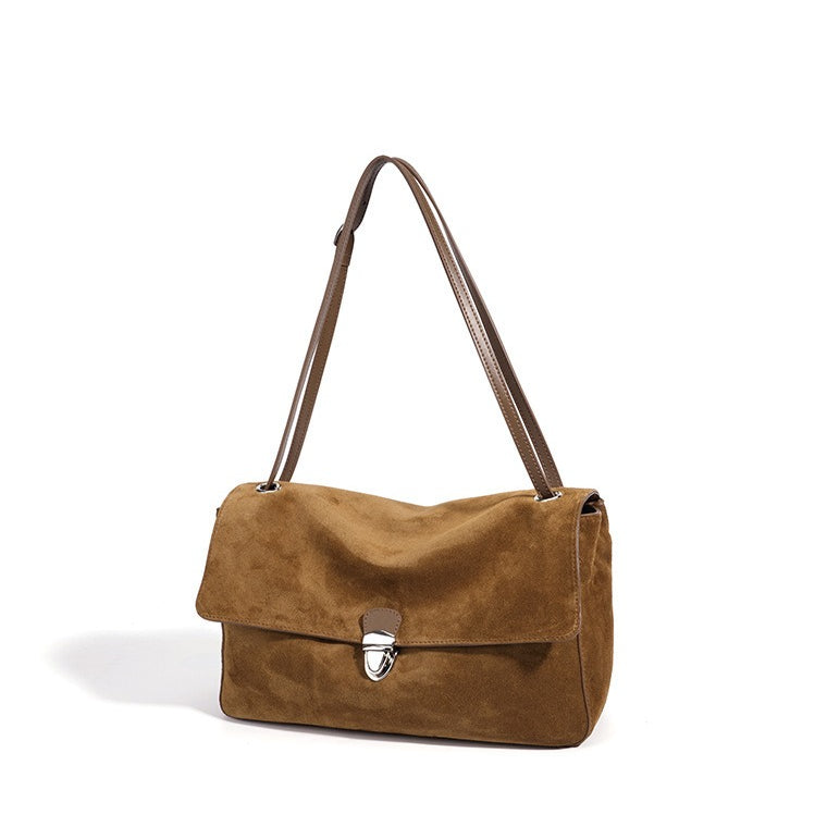 Women's Suede Leather Flap Shoulder Bag with Push-Lock