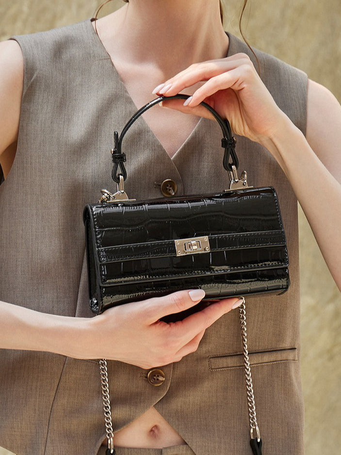 Women's Glossy Croc Cowhide Twist-Lock Envelope Bag