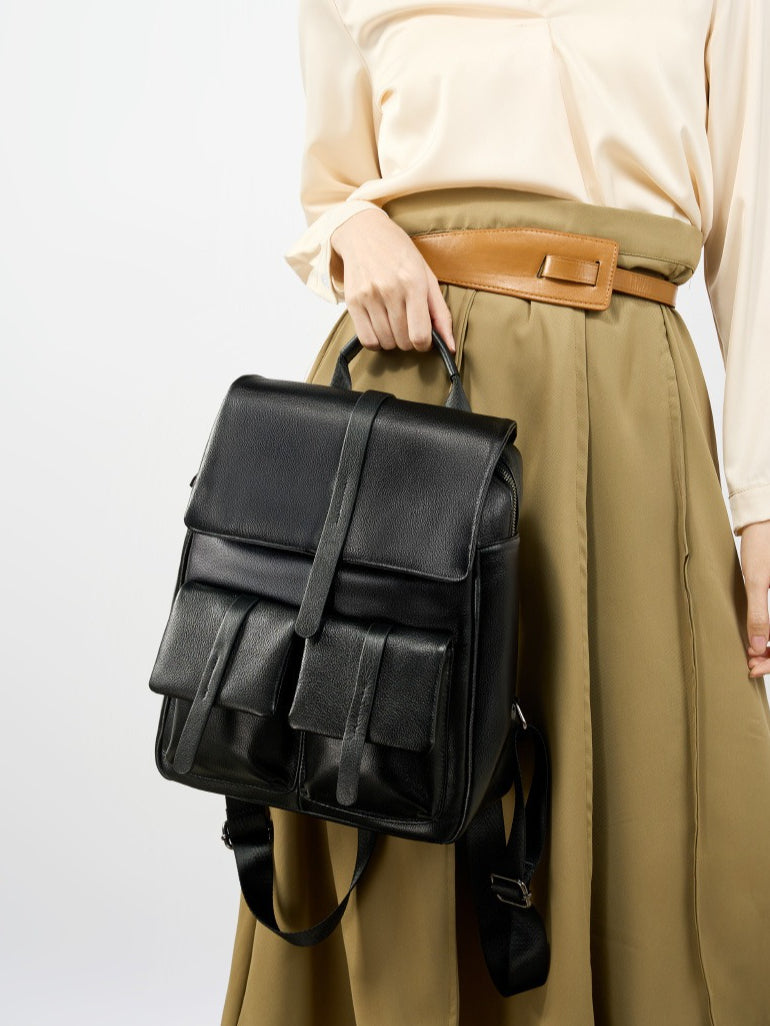 Women's Pebbled Cowhide Flap Backpack with Multiple Pockets