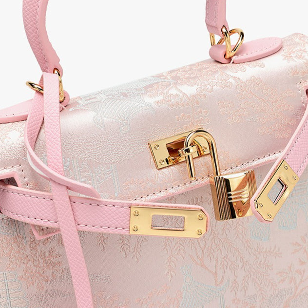 Women's Brocade Genuine Leather Kelly Bag with Padlock Charm