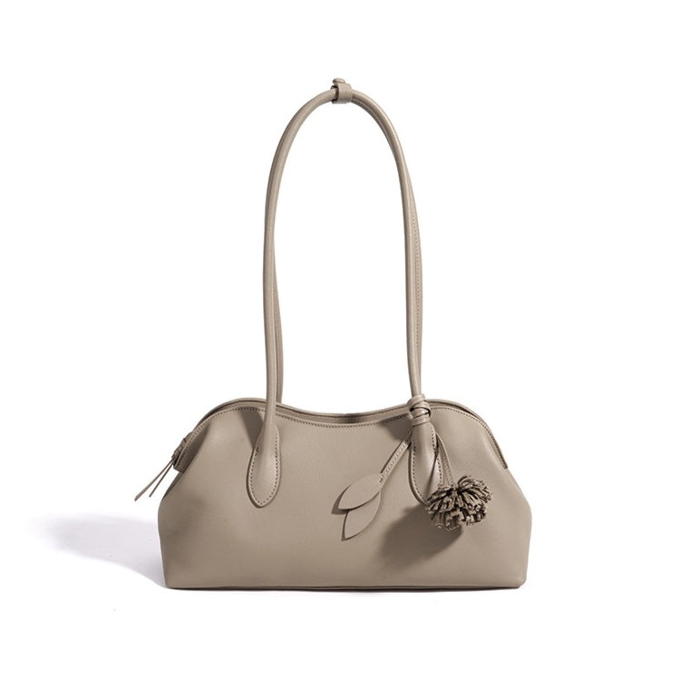 Women's Genuine Leather Curved Shoulder Clutch with Tassel Charm